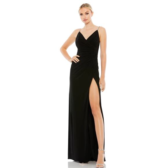 Ieena for MacDuggal gown-size 0-black rhinestone spaghetti strap high slit - Picture 1 of 8
